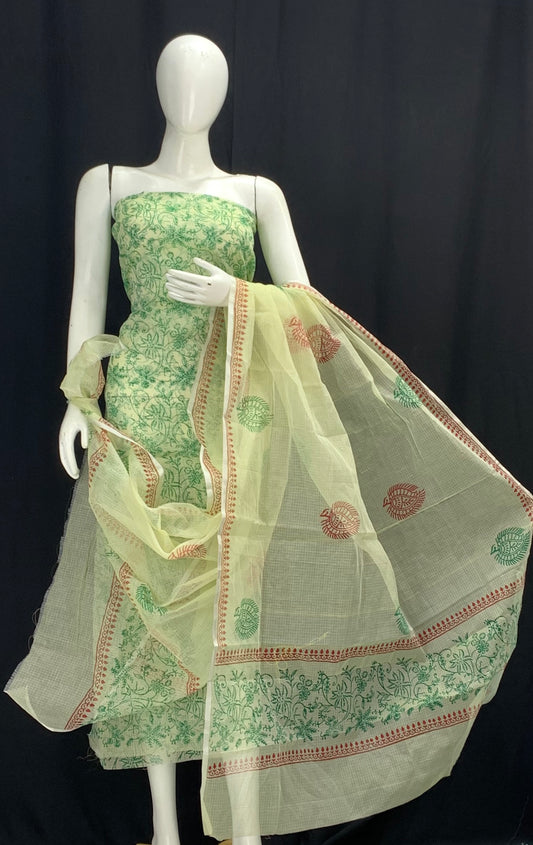 Royal Green Floral Designer Handblock Printed Cotton Kota Doria un-stitched Suit With Dupatta