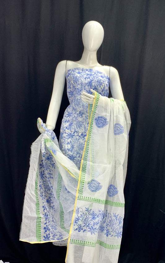 White Base with Blue Floral Designer Handblock Printed Cotton Kota Doria un-stitched Suit With Dupatta