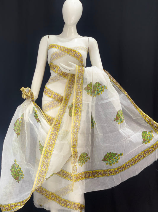 Striped Floral Designer Handblock Printed Cotton Kota Doria un-stitched Suit With Dupatta