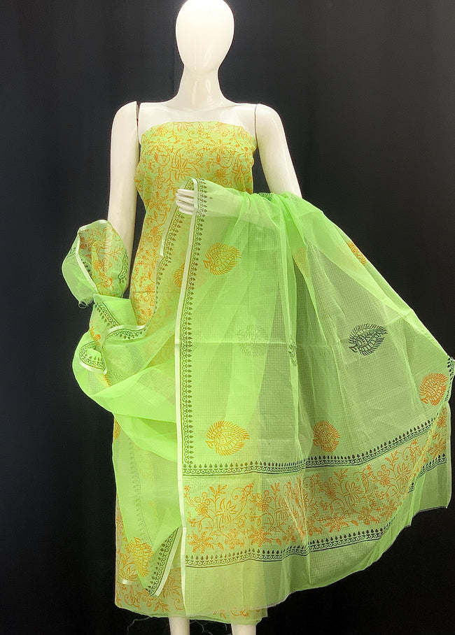 Royal Green base with Orange floral Designer Handblock Printed Cotton Kota Doria un-stitched Suit With Dupatta