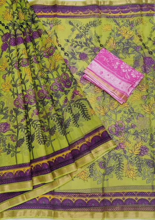 Yellow Base Pure Kota Doria Silk Saree With Beautiful Fully Cluster Floral Print