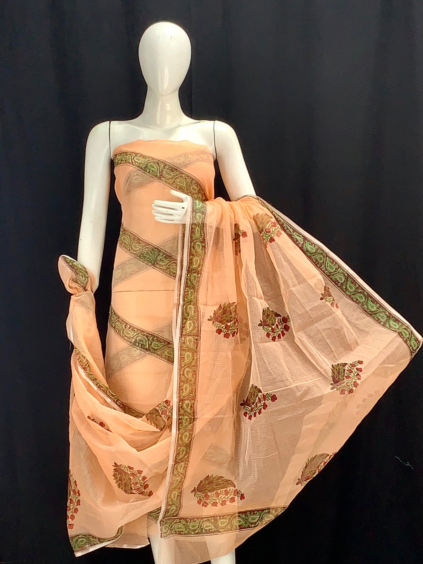 Peach Rajasthani Striped Designer Handblock Printed Cotton Kota Doria un-stitched Suit With Dupatta