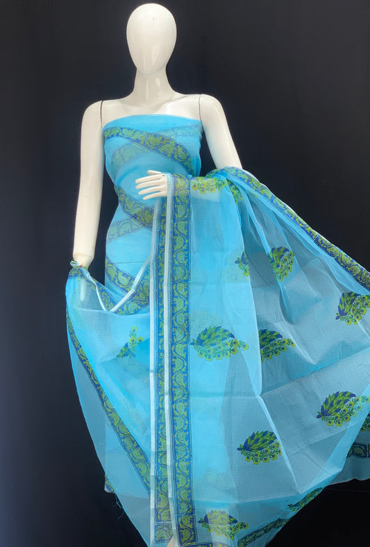 Blue Stripes Royal Rajasthani Designer Handblock Printed Cotton Kota Doria un-stitched Suit With Dupatta