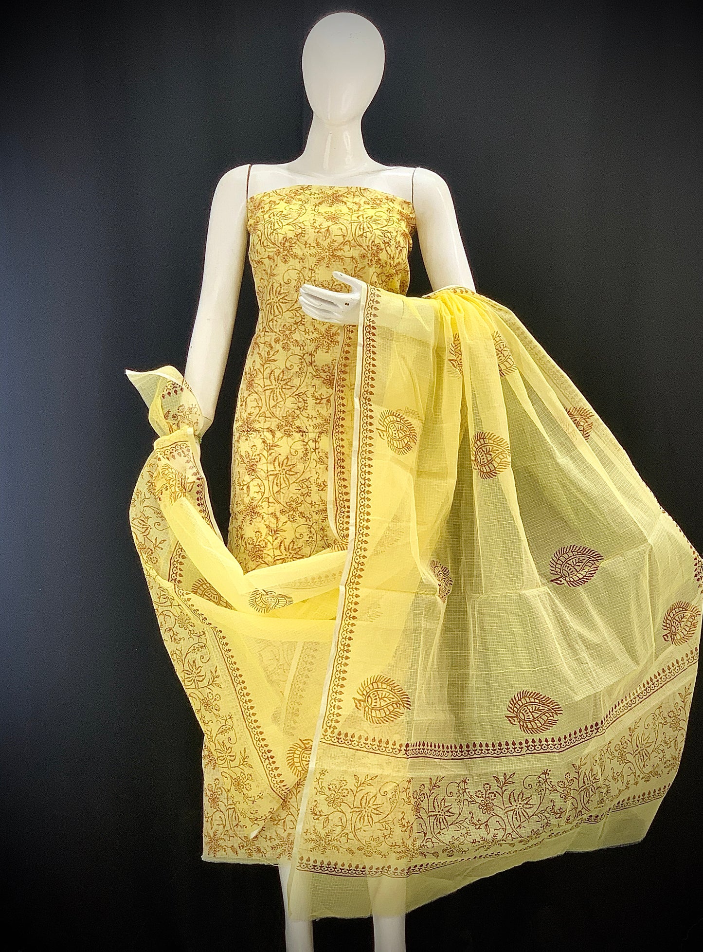 Yellow base overall Floral Designer Handblock Printed Cotton Kota Doria un-stitched Suit With Dupatta