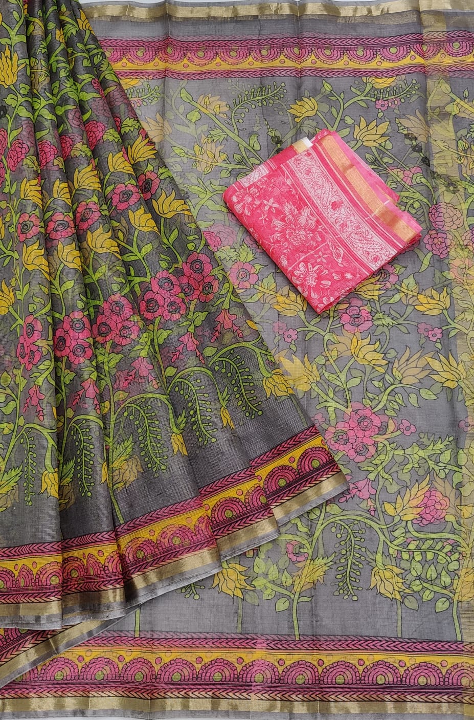 Claasic Base Pure Kota Doria Silk Saree With Beautiful Fully Cluster Floral Print