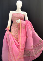 Pink Overall Floral Designer Handblock Printed Cotton Kota Doria un-stitched Suit With Dupatta