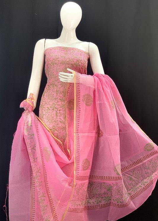 Pink Overall Floral Designer Handblock Printed Cotton Kota Doria un-stitched Suit With Dupatta