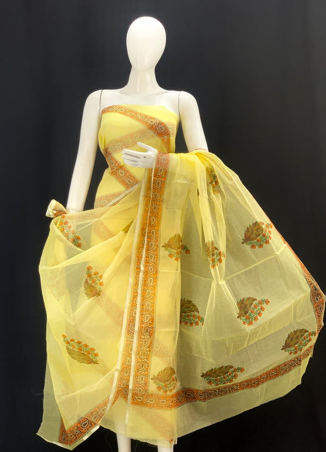 Yellow base with Striped Royal Rajasthani  Handblock Printed Cotton Kota Doria un-stitched Suit With Dupatta