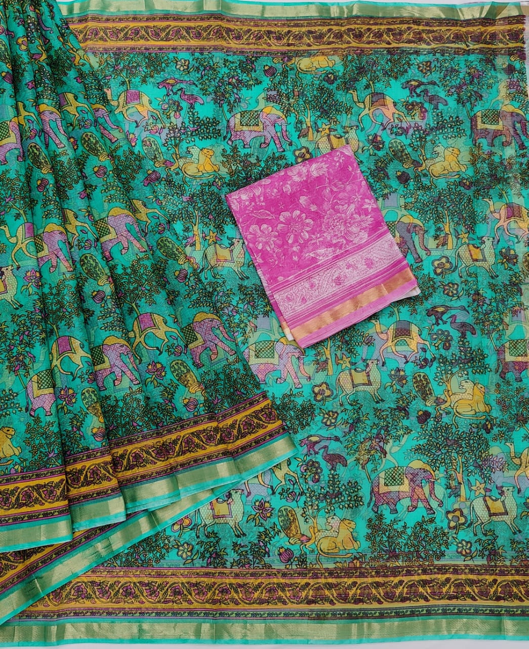 Claasic Green Base Pure Kota Doria Silk Saree With Beautiful Fully Cluster Floral Print