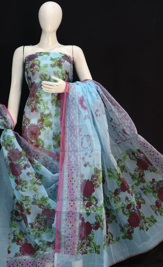 Fully Classic Light Blue Base Unique Cluster Flower Printed Kota Doria Suit