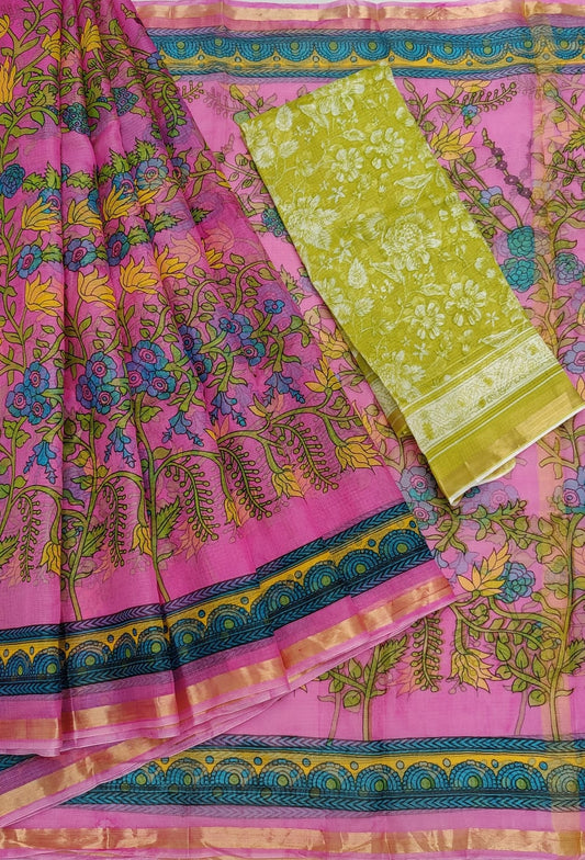 Claasic Pink Base Pure Kota Doria Silk Saree With Beautiful Fully Cluster Floral Print