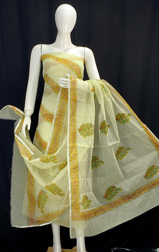 Yellow Striped Designer Handblock Printed Cotton Kota Doria un-stitched Suit With Dupatta