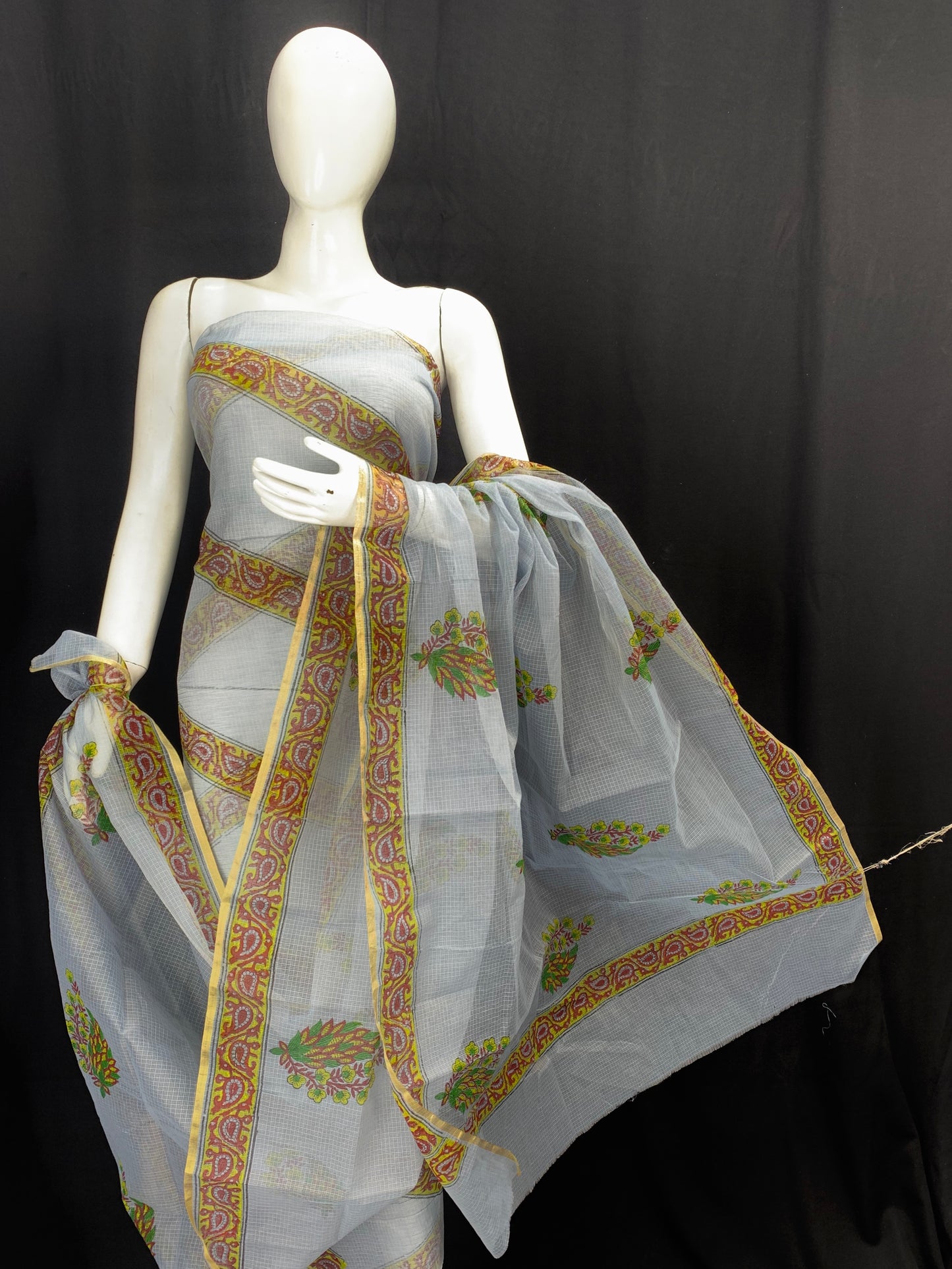 Grey Mehndi Designer Handblock Printed Cotton Kota Doria un-stitched Suit With Dupatta