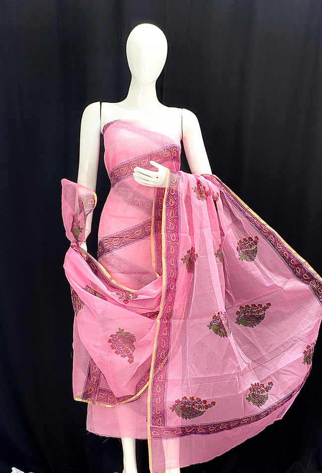 Pink Striped Designer Handblock Printed Cotton Kota Doria un-stitched Suit With Dupatta