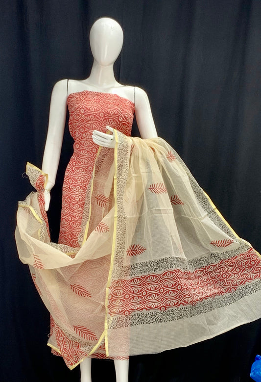 Red Designer Handblock Printed Cotton Kota Doria un-stitched Suit With Dupatta