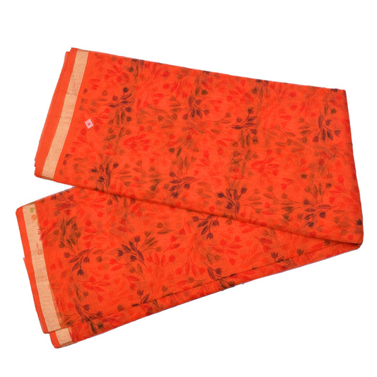 Leaves Prints Orange Cotton Kotadoria Saree With Blouse