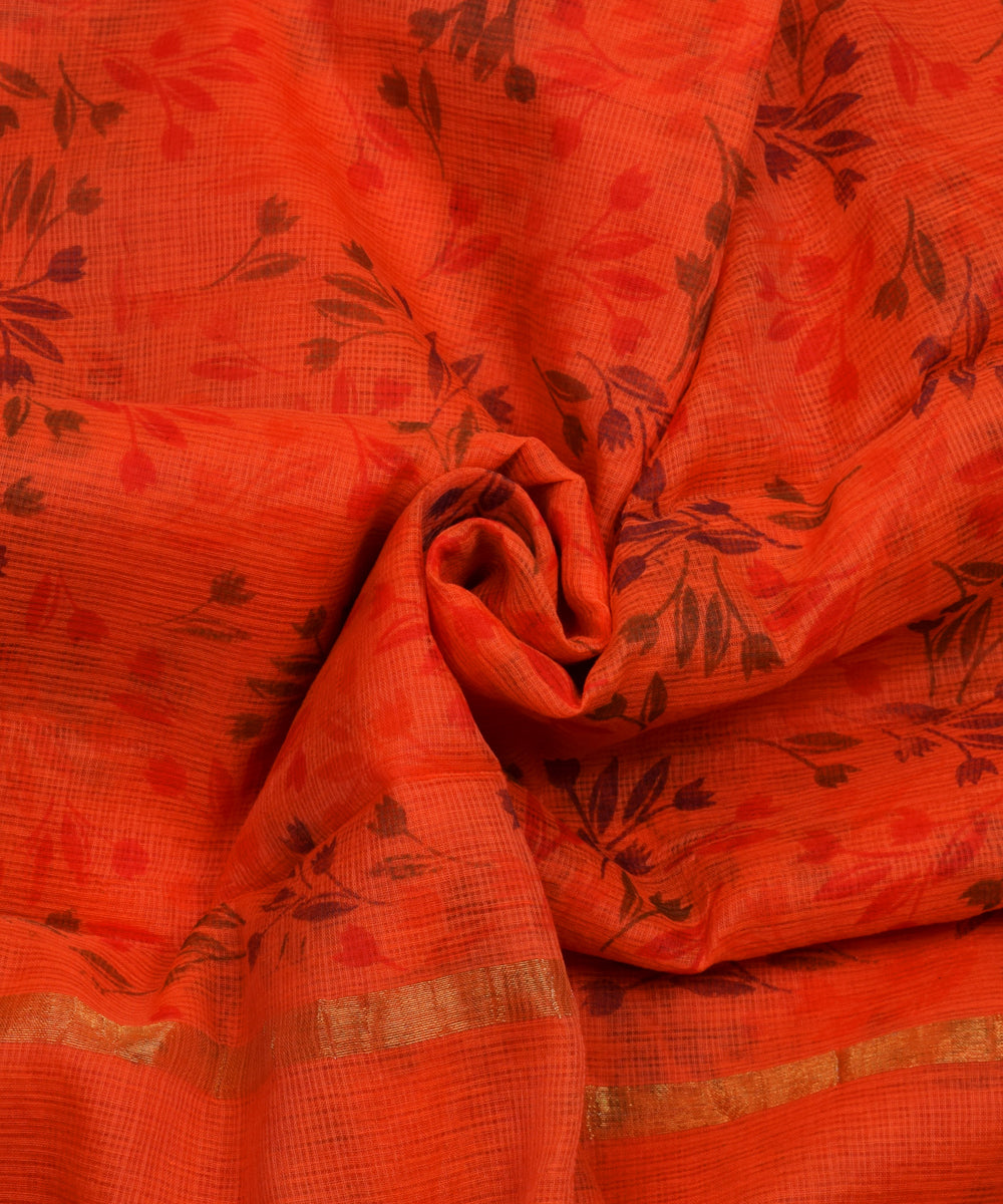 Leaves Prints Orange Cotton Kotadoria Saree With Blouse
