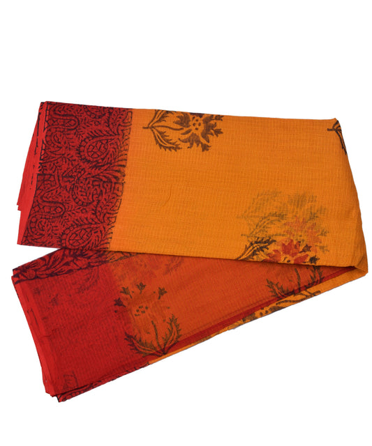Pure Cotton Orange & Green Floral Print Kotadoria Saree