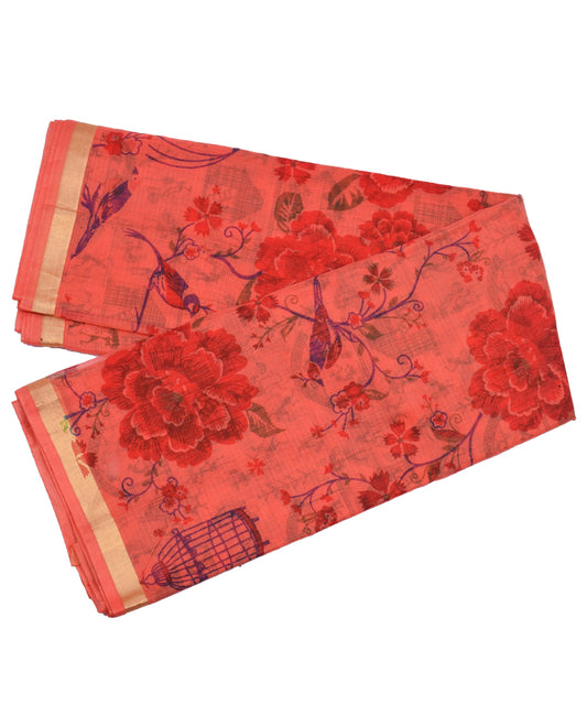 Red Floral Print Zari Border Kotadoria Cotton Saree With Blouse