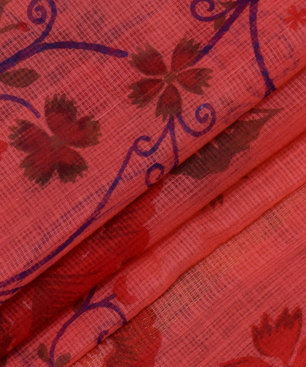 Red Floral Print Zari Border Kotadoria Cotton Saree With Blouse