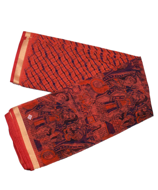 Baarat Print Orange Zari Border Cotton Kotadoria saree With Blouse