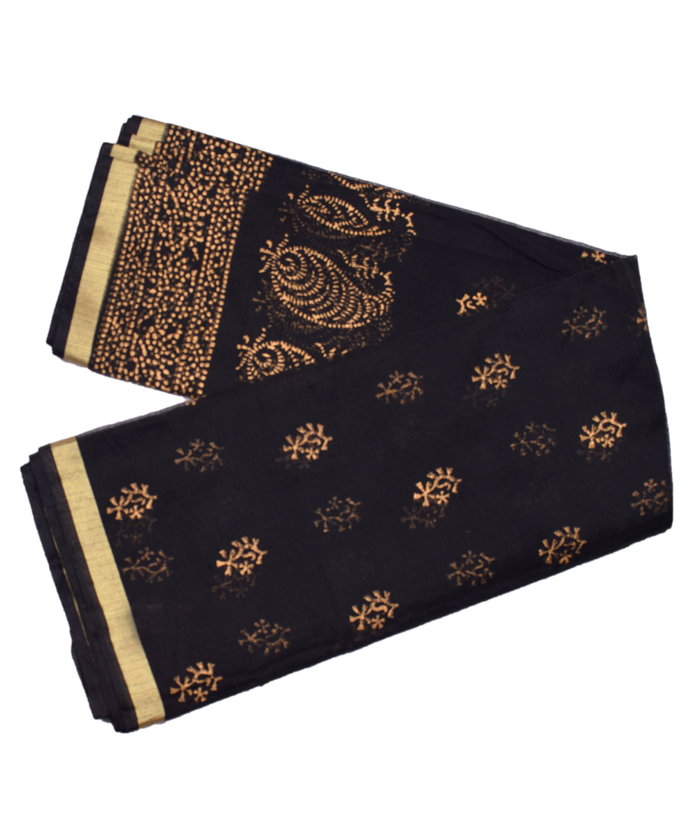 Black Fully Golden Print Zari Border KotaDoria Cotton Saree With Blouse