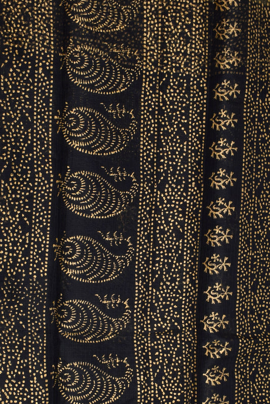 Black Fully Golden Print Zari Border KotaDoria Cotton Saree With Blouse
