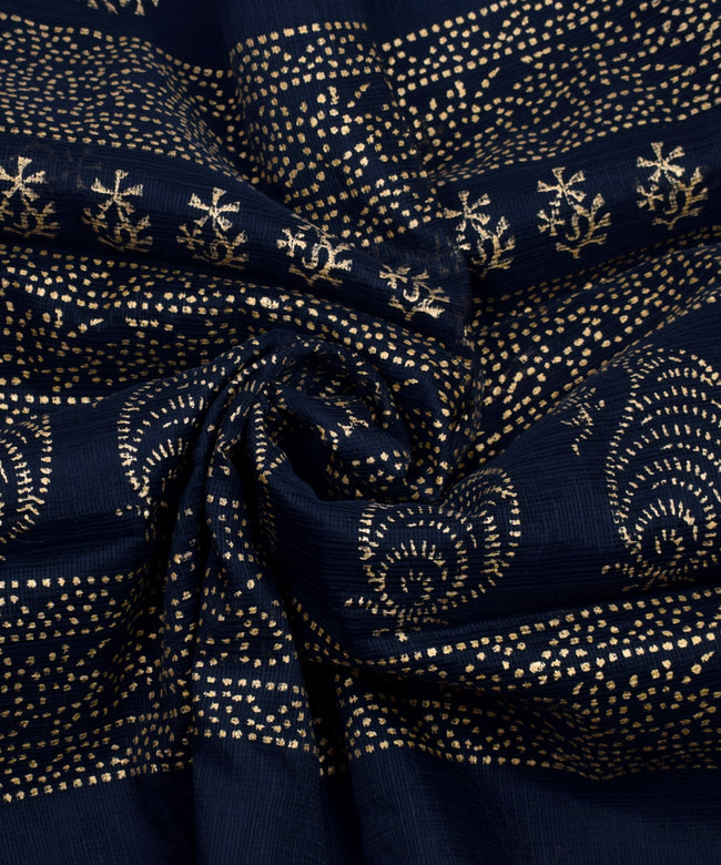 Black Fully Golden Print Zari Border KotaDoria Cotton Saree With Blouse