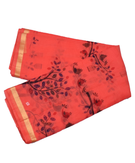 Bird Print Zari Border KotaDoria Cotton Saree With Blouse