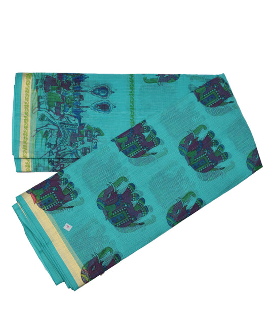 Sky Blue Elephant Block Print Cotton  Kota doria Saree Zari Border With Blouse
