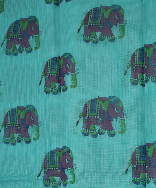 Sky Blue Elephant Block Print Cotton  Kota doria Saree Zari Border With Blouse