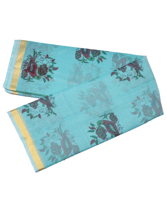 Sky Blue Bird Print Zari Border Kotadoria Cotton Saree With Blouse