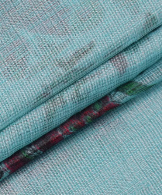 Sky Blue Bird Print Zari Border Kotadoria Cotton Saree With Blouse