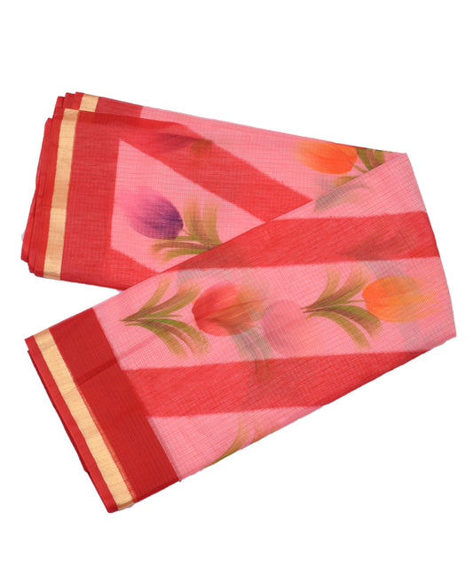 Floral Print Zari Border Cotton Kotadoria Saree With Blouse