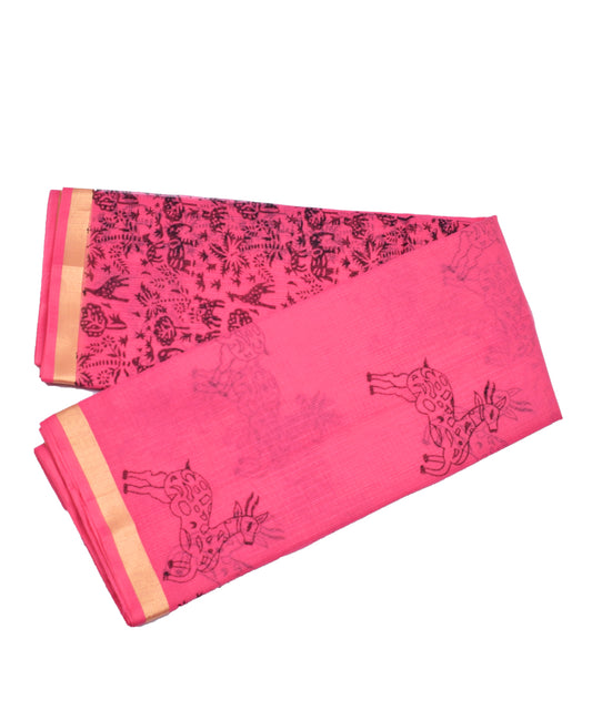 Forest Deer Print Zari Border Kotadoria Cotton Saree With Blouse