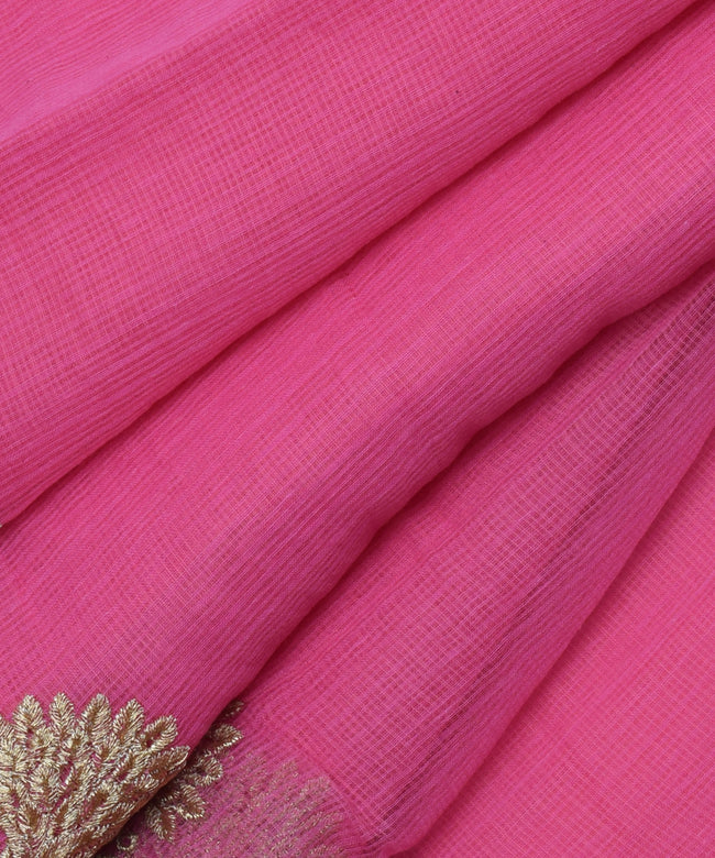 Pink Embroidery Golden Work Zari Border Cotton Kota Doria Saree With Blouse