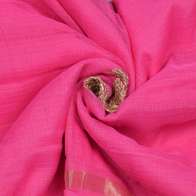 Pink Embroidery Golden Work Zari Border Cotton Kota Doria Saree With Blouse