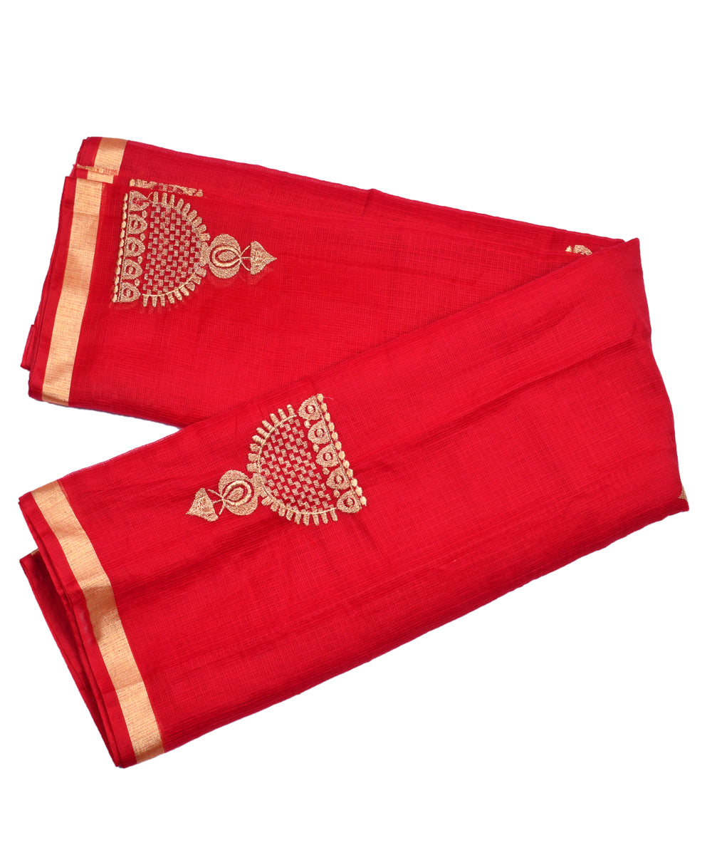 Red & Embroidery Golden Work Zari Border KotaDoria Cotton Saree With Blouse