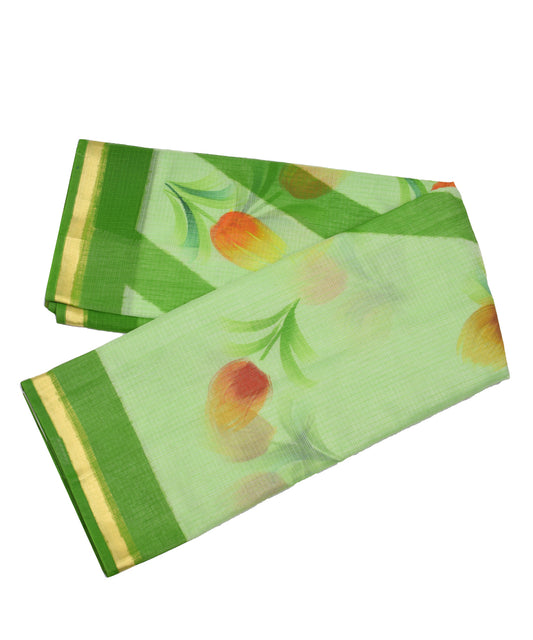 Floral Print Light Green Zari Border KotaDoria Cotton Saree With Blouse