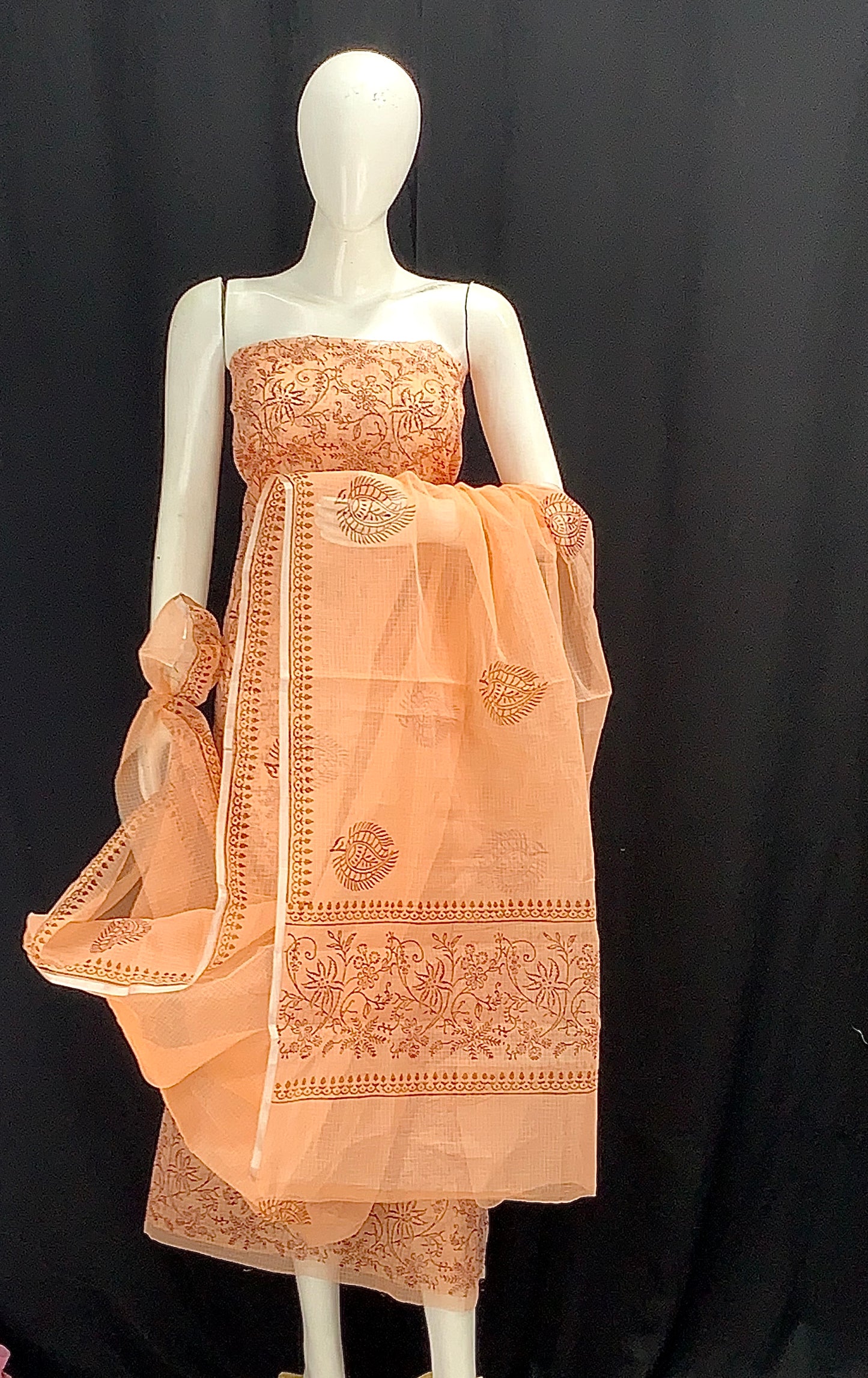 Orange Floral Designer Handblock Printed Cotton Kota Doria un-stitched Suit With Dupatta