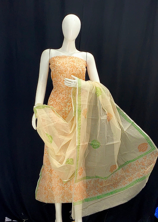 Light Orange Designer Handblock Printed Cotton Kota Doria un-stitched Suit With Dupatta