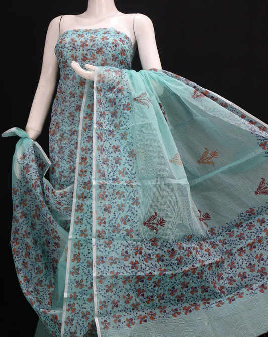 Royal Sky Blue Floral Handblock Printed Kota Doria Suit