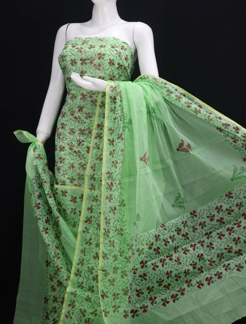 Royal Green Floral Handblock Printed Kota Doria Suit