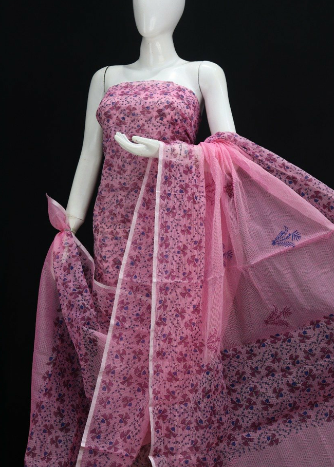 Royal Magenta Floral Handblock Printed Kota Doria Suit