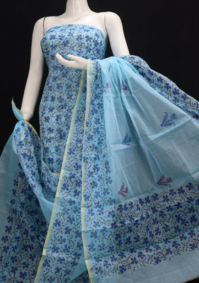 Royal Blue Base Floral Handblock Printed Kota Doria Suit