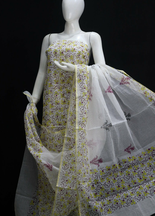 Royal white base Floral Handblock Printed Kota Doria Suit