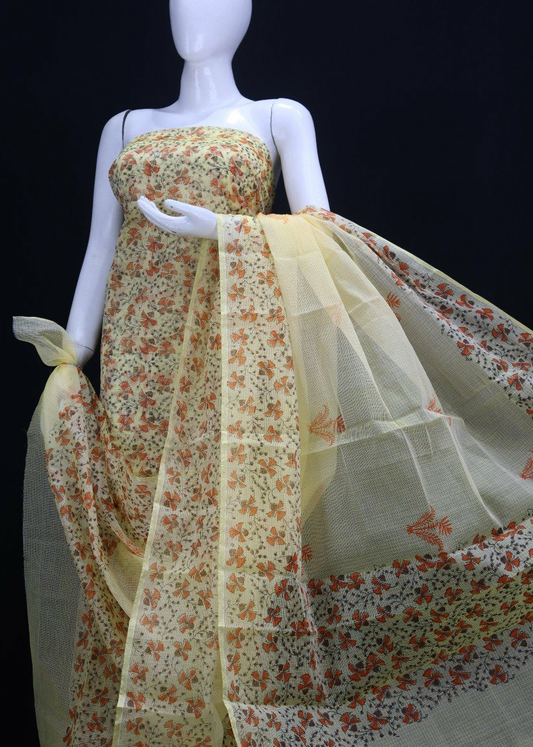 Royal Yellow Floral Handblock Printed Kota Doria Suit