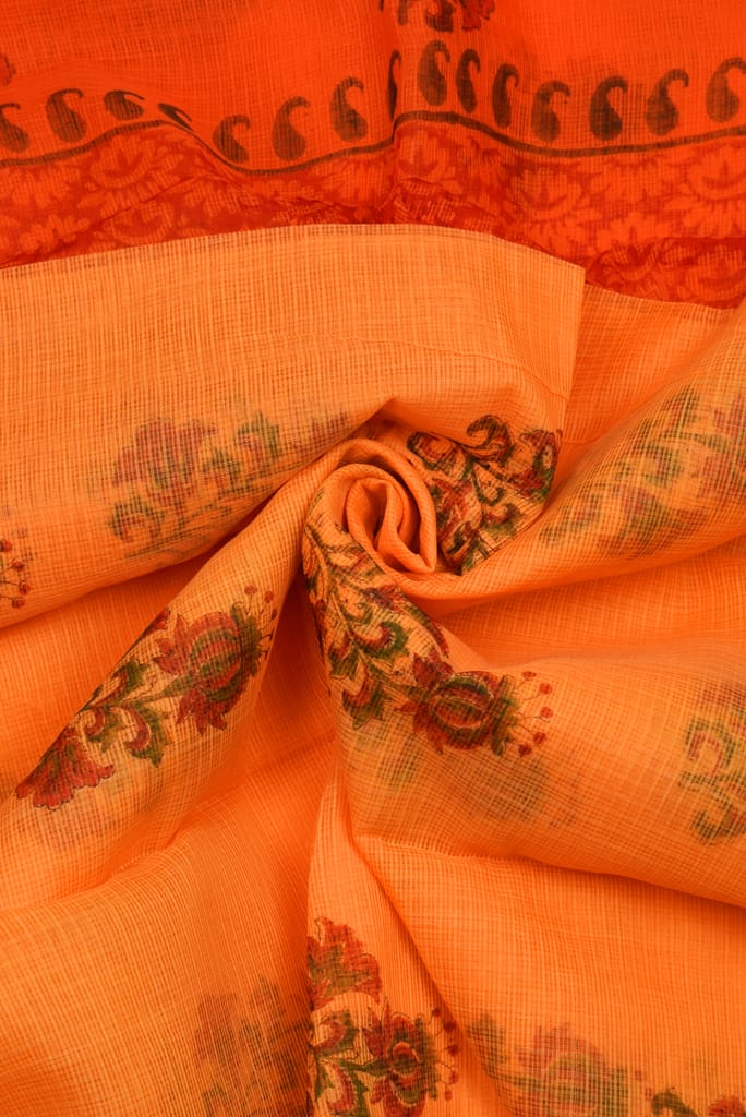 Pure Cotton Orange Floral Print Kotadoria saree