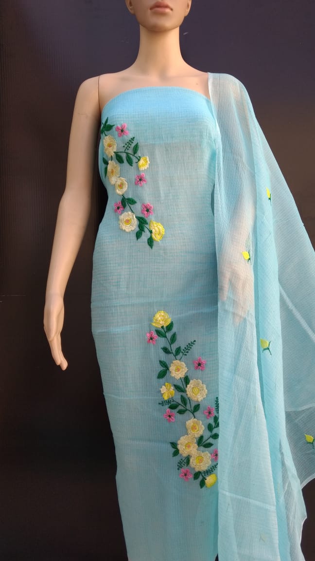 Sky Blue Cotton Kotadoria Embroidery Dress Materials