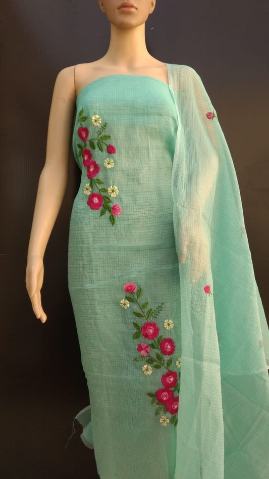 light Green Cotton Kotadoria Embroidery Dress Materials